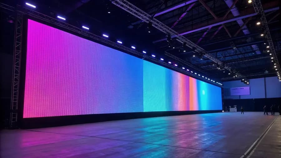 Modulare LED-Wand-Kabinette von der Seite, sichtbares Pixelraster und Rahmenprofile